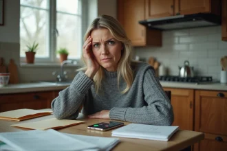 Femme stressée à sa table de cuisine entourée de courriers d'Intrum et regardant son téléphone avec des appels manqués répétés