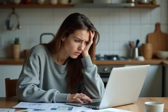 Femme stressée examinant ses relevés bancaires et frais de découvert à la table de cuisine
