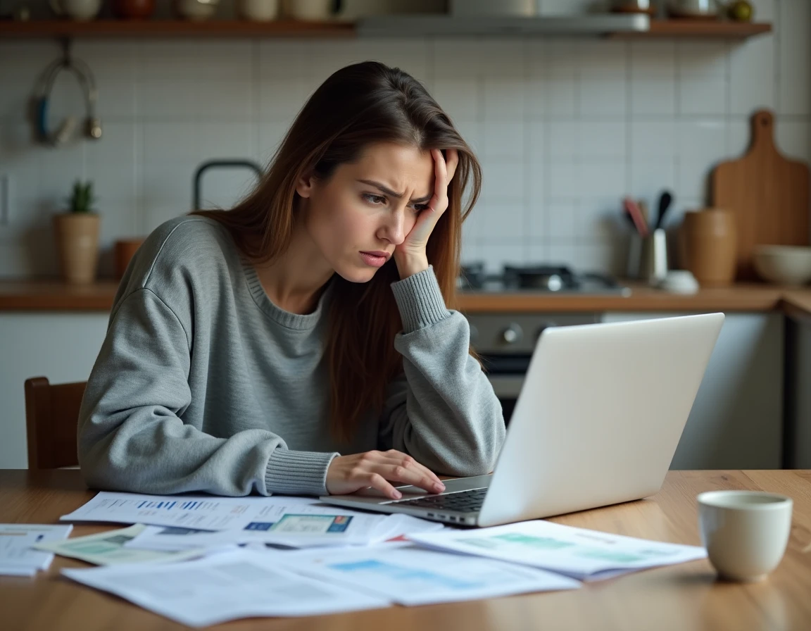 Femme stressée examinant ses relevés bancaires et frais de découvert à la table de cuisine