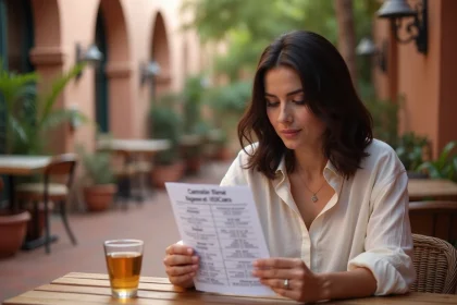 Femme consultant un tableau de conversion dirham euro imprimé à une terrasse de café marocaine