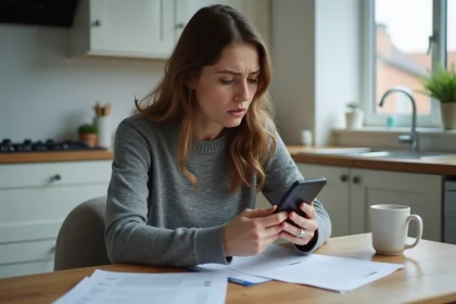 Femme appelant son assurance ACM IARD SA après un sinistre depuis sa cuisine avec documents d'assurance sur la table