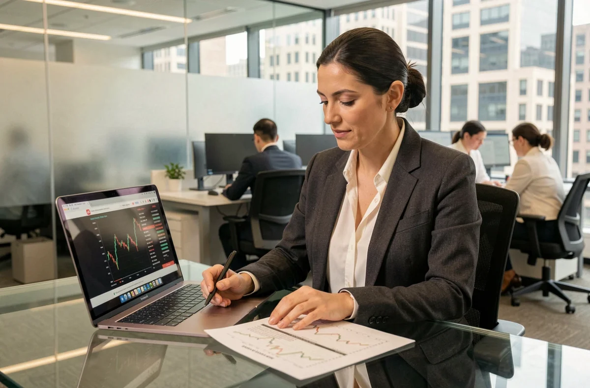 Femme trader professionnelle consultant un site d'actualités financières sur ordinateur portable dans un bureau en open space