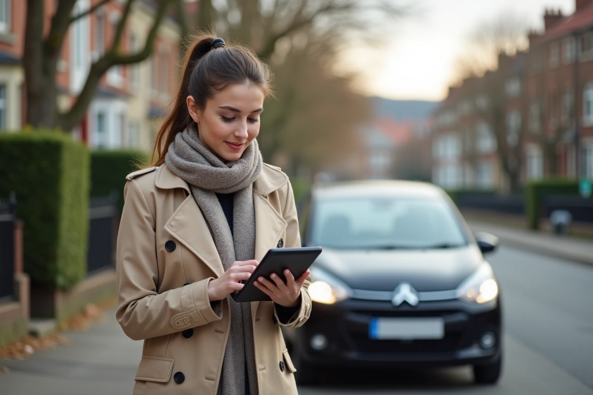 Jeune femme évaluant la valeur de sa voiture en ville