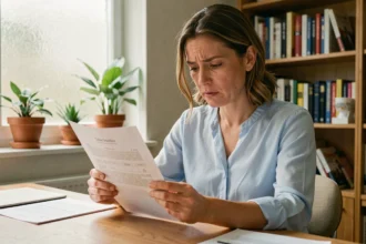 Femme consultant un document de mutuelle santé à son bureau à domicile