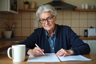 Femme mature consultant des relevés bancaires à la table de cuisine pour vérifier un virement inexpliqué sur un compte bancaire