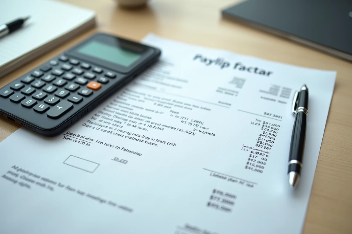 Fiche de paie, calculatrice et notes sur un bureau représentant le calcul du salaire brut net de 2400 euros