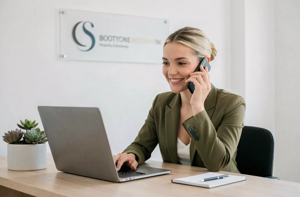 Comptable de FidSud en conversation téléphonique avec un client dans un bureau épuré et moderne