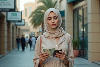 Jeune femme devant un bureau de change à Dubaï avec des billets