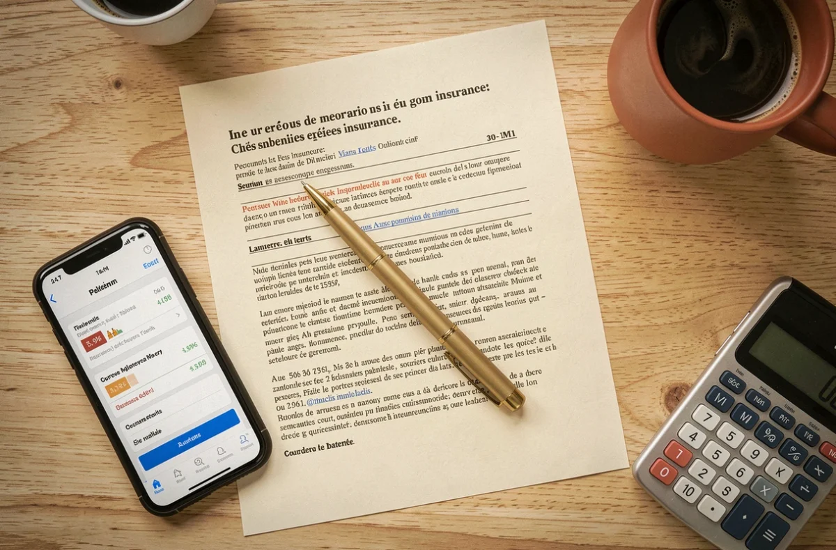 Vue de dessus d'un bureau avec documents de devis mutuelle santé, calculatrice et smartphone