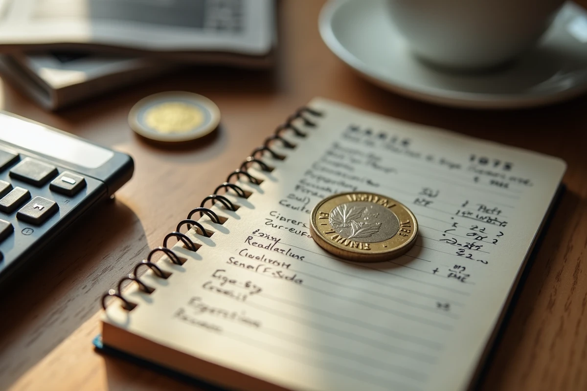 Vue aérienne d'un bureau avec une pièce de franc vintage et un euro côte à côte, entourés de calculs manuscrits pour convertir les anciens francs en euros