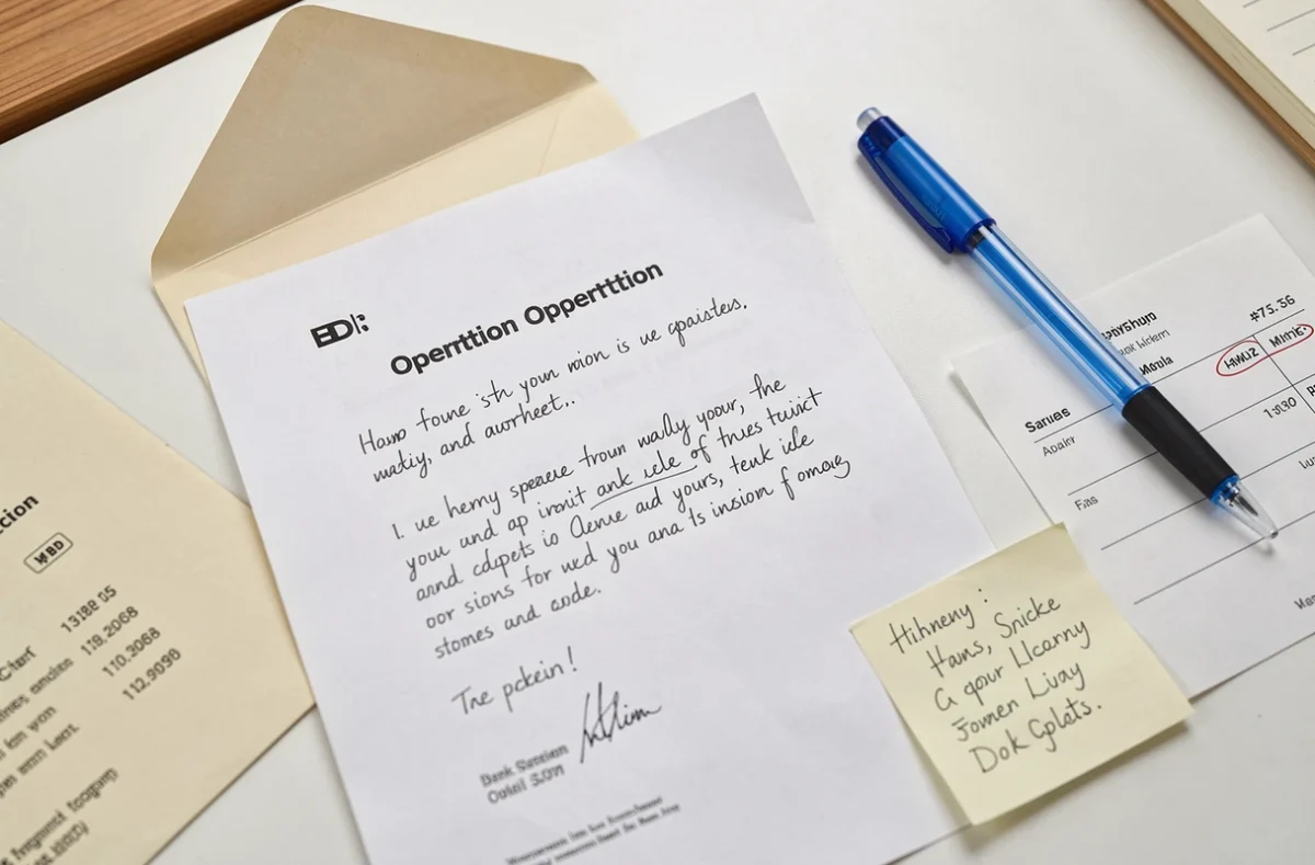 Vue aérienne d'un courrier d'opposition à un prélèvement ADIS posé sur un bureau avec un relevé bancaire annoté
