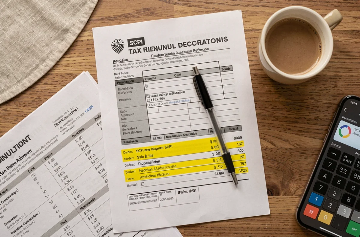 Vue du dessus d'une déclaration fiscale française avec un rapport annuel de SCPI, un stylo et un café sur un bureau en bois