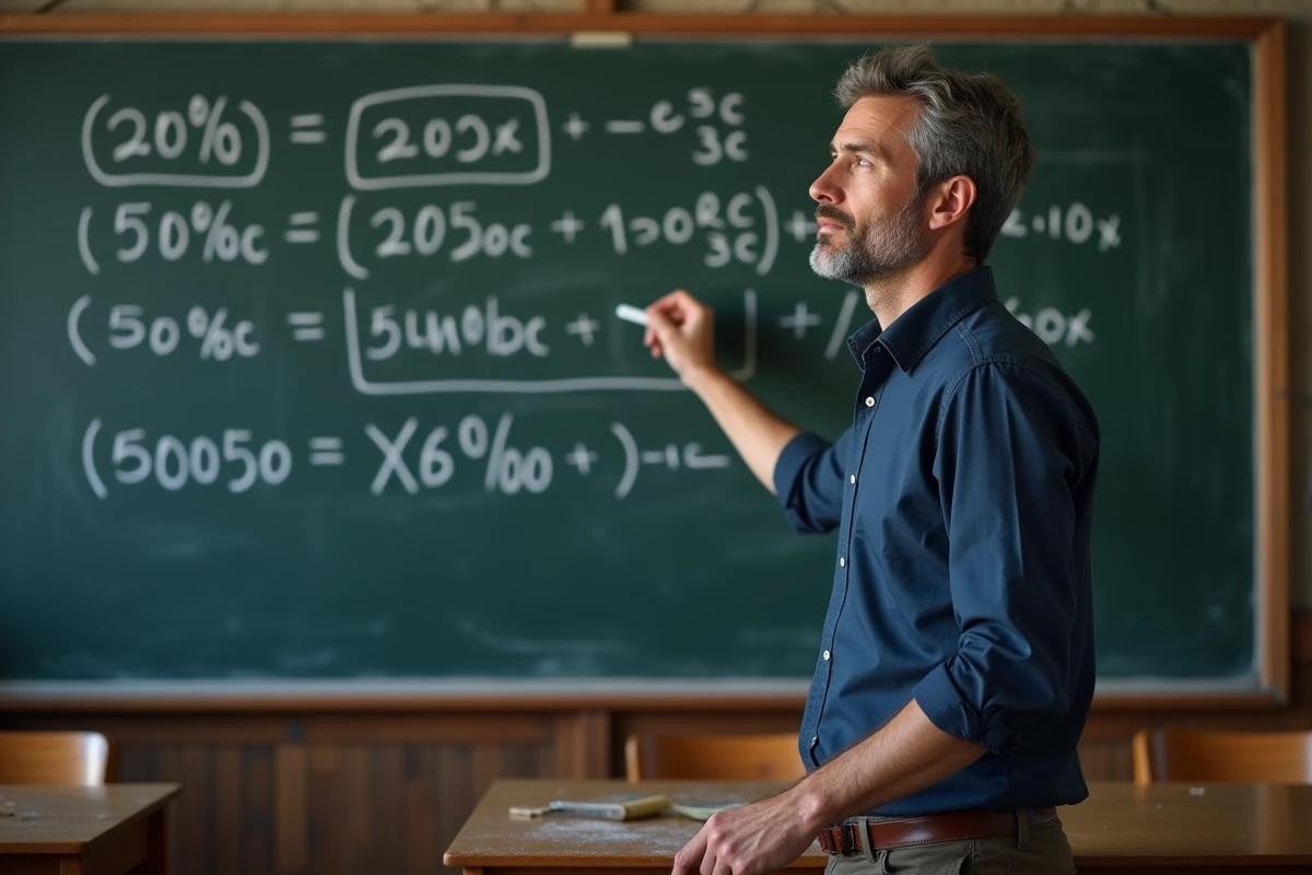 Professeur expliquant la formule du taux d'évolution au tableau noir dans une salle de cours universitaire