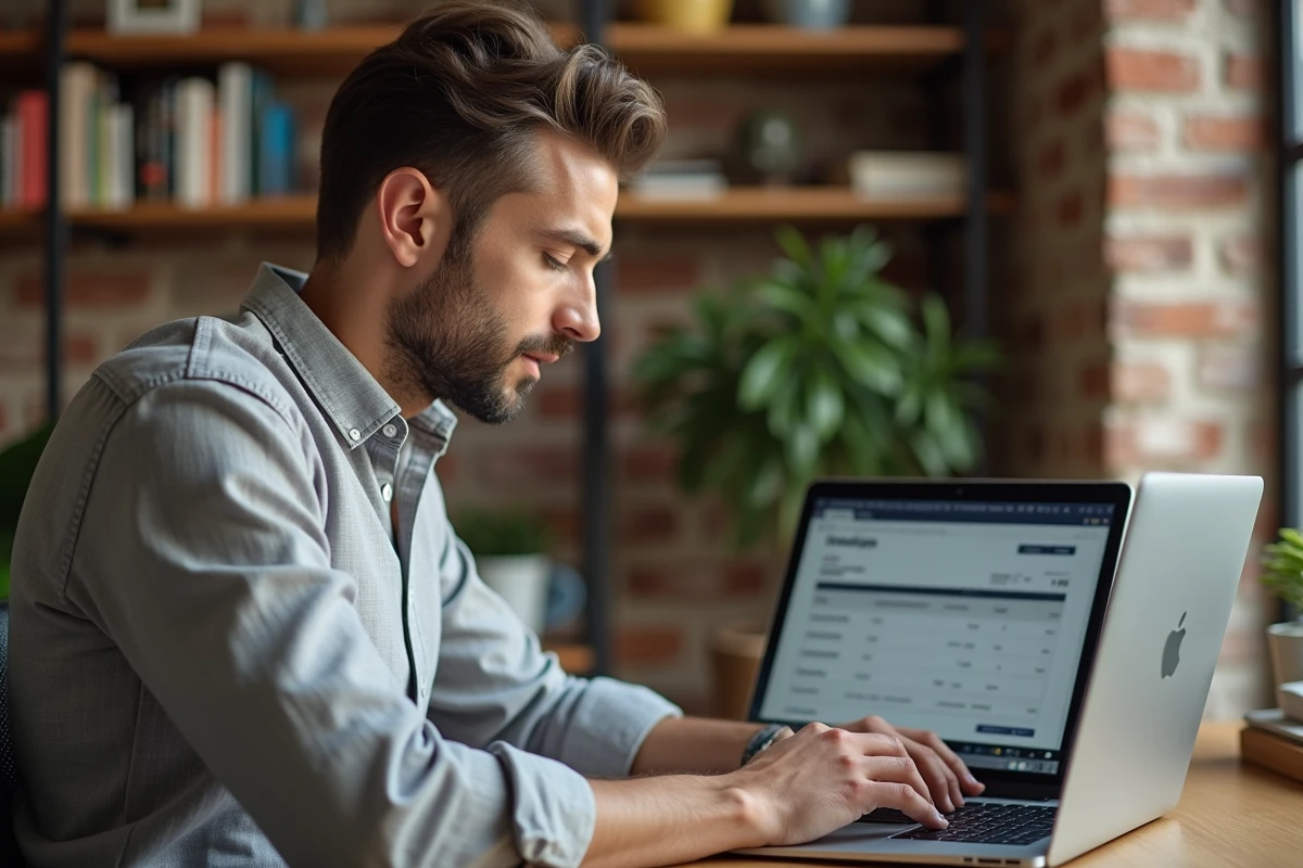 Freelance masculin travaillant sur une plateforme de facturation en ligne dans un bureau à domicile