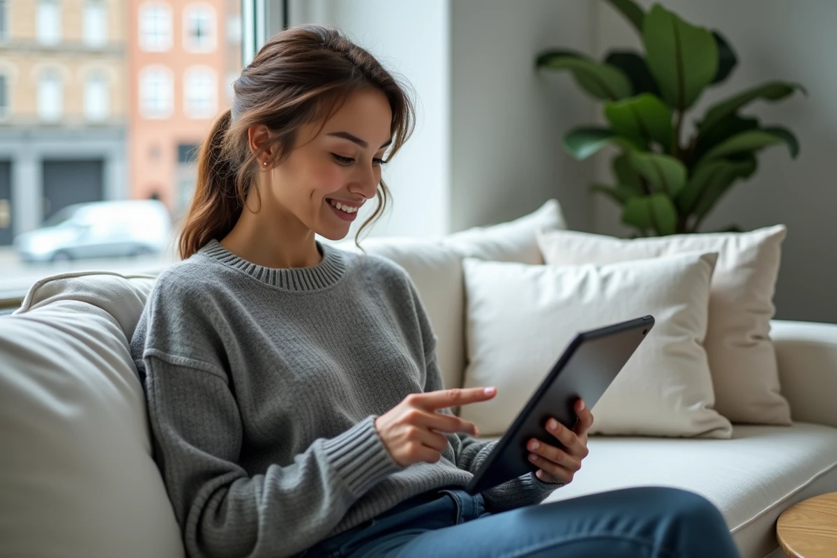 Femme consultant son compte Floa sur une tablette depuis son salon, gestion de compte en ligne