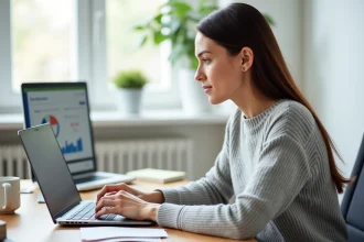 Femme gérant plusieurs comptes bancaires en ligne depuis son bureau à domicile sur un ordinateur portable
