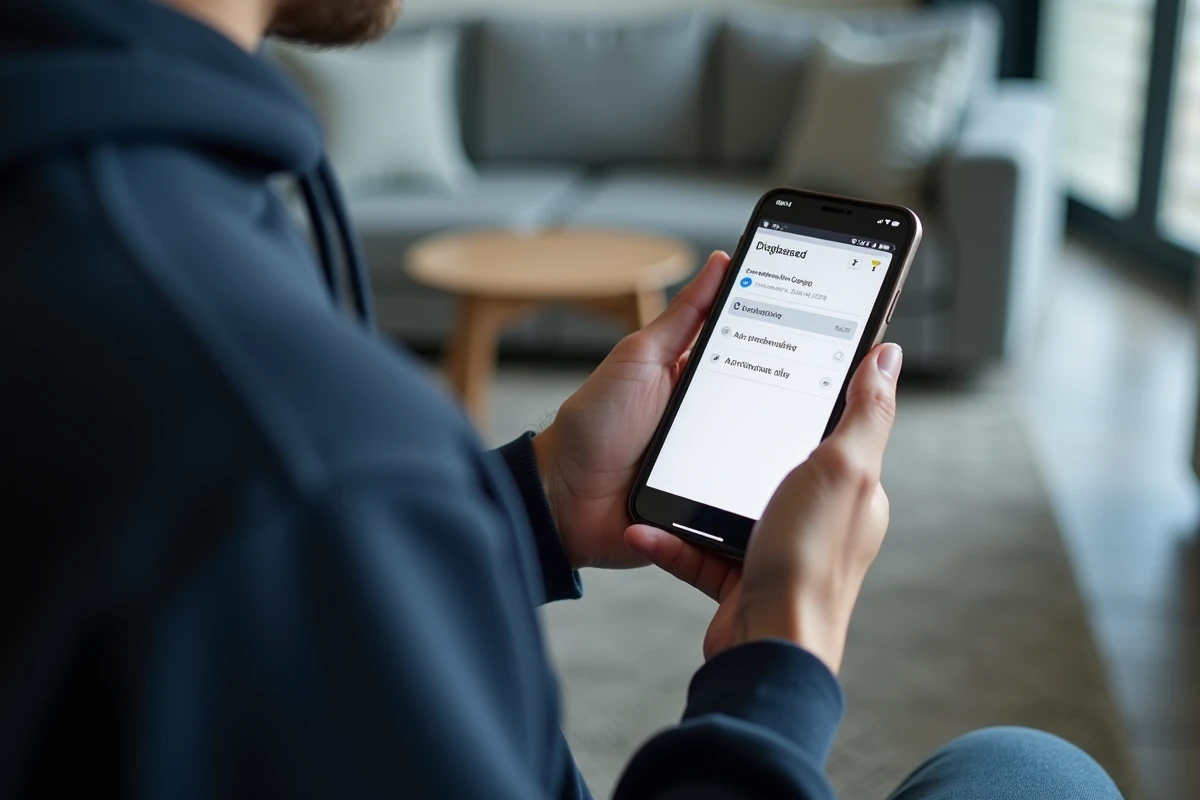 Gros plan de mains tenant un smartphone avec une application bancaire affichant une transaction inconnue AMZ Installments