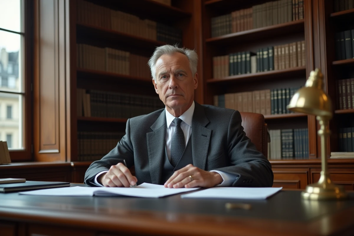 Homme d'affaires élégant en costume gris consultant des documents financiers dans un bureau parisien haussmannien