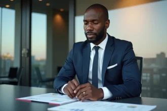 Homme d'affaires africain en costume navy dans un bureau moderne