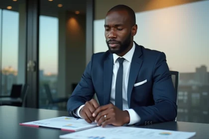 Homme d'affaires africain en costume navy dans un bureau moderne