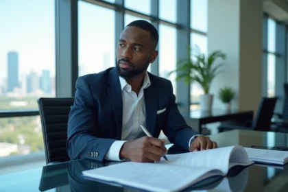 Homme africain en costume dans un bureau moderne