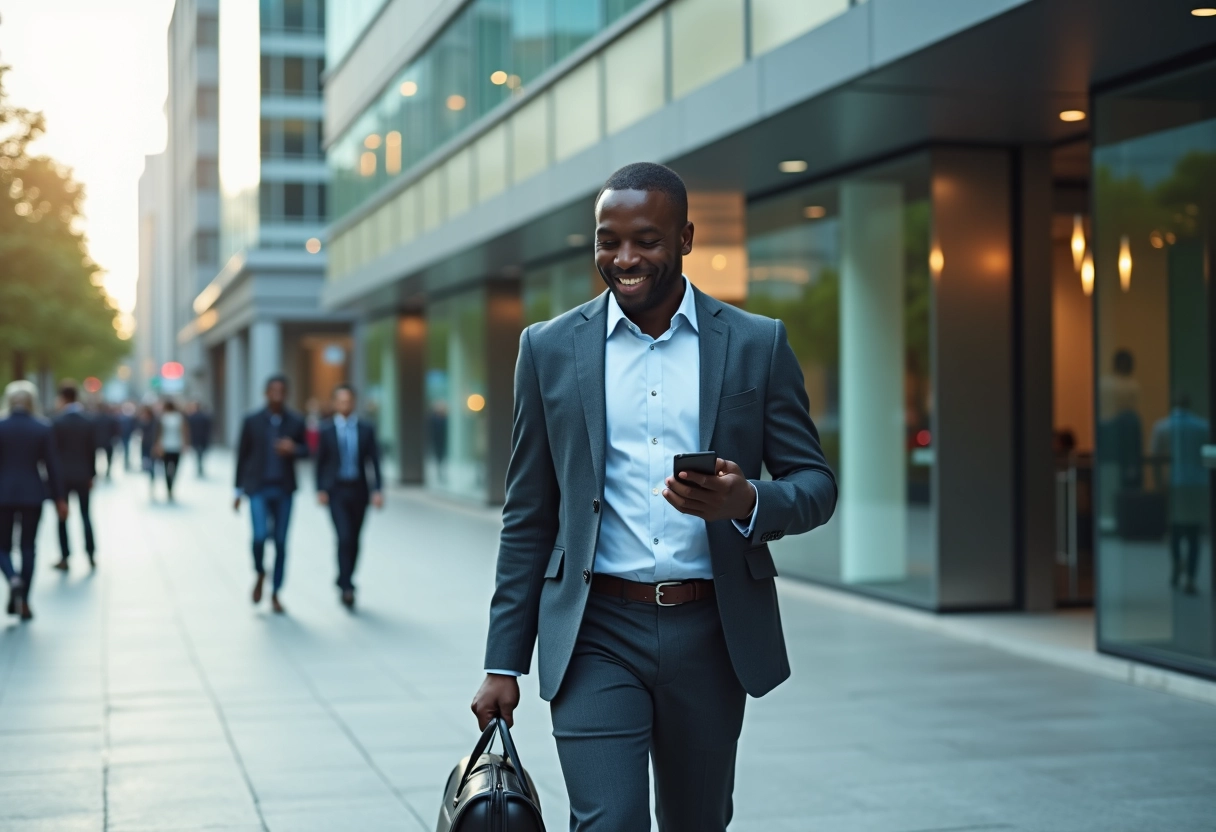 Homme africain souriant dans la ville avec smartphone