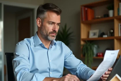 Un homme d'âge mûr analyse des documents de crédit immobilier et des graphiques financiers sur son bureau à domicile