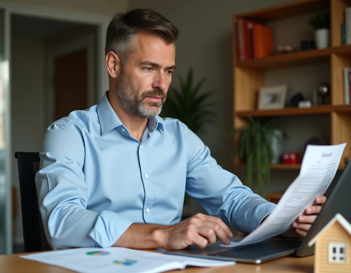 Un homme d'âge mûr analyse des documents de crédit immobilier et des graphiques financiers sur son bureau à domicile
