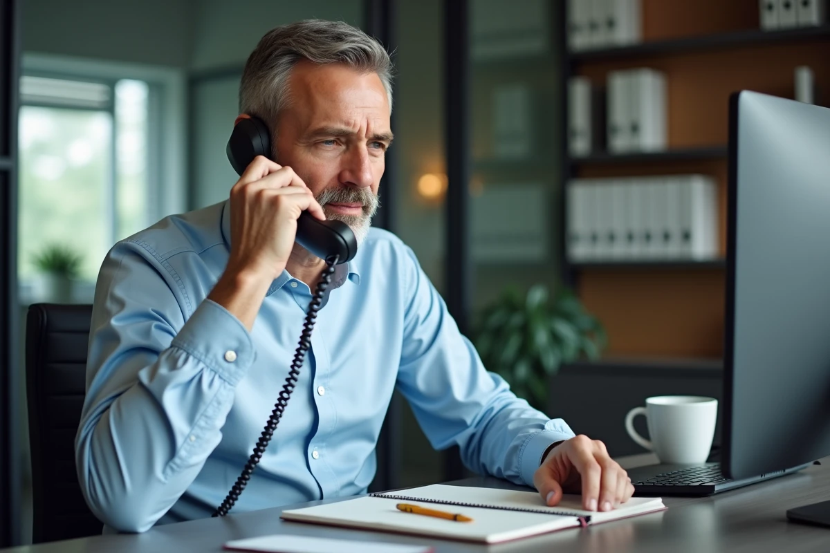 Homme au bureau en train de composer un numéro de téléphone