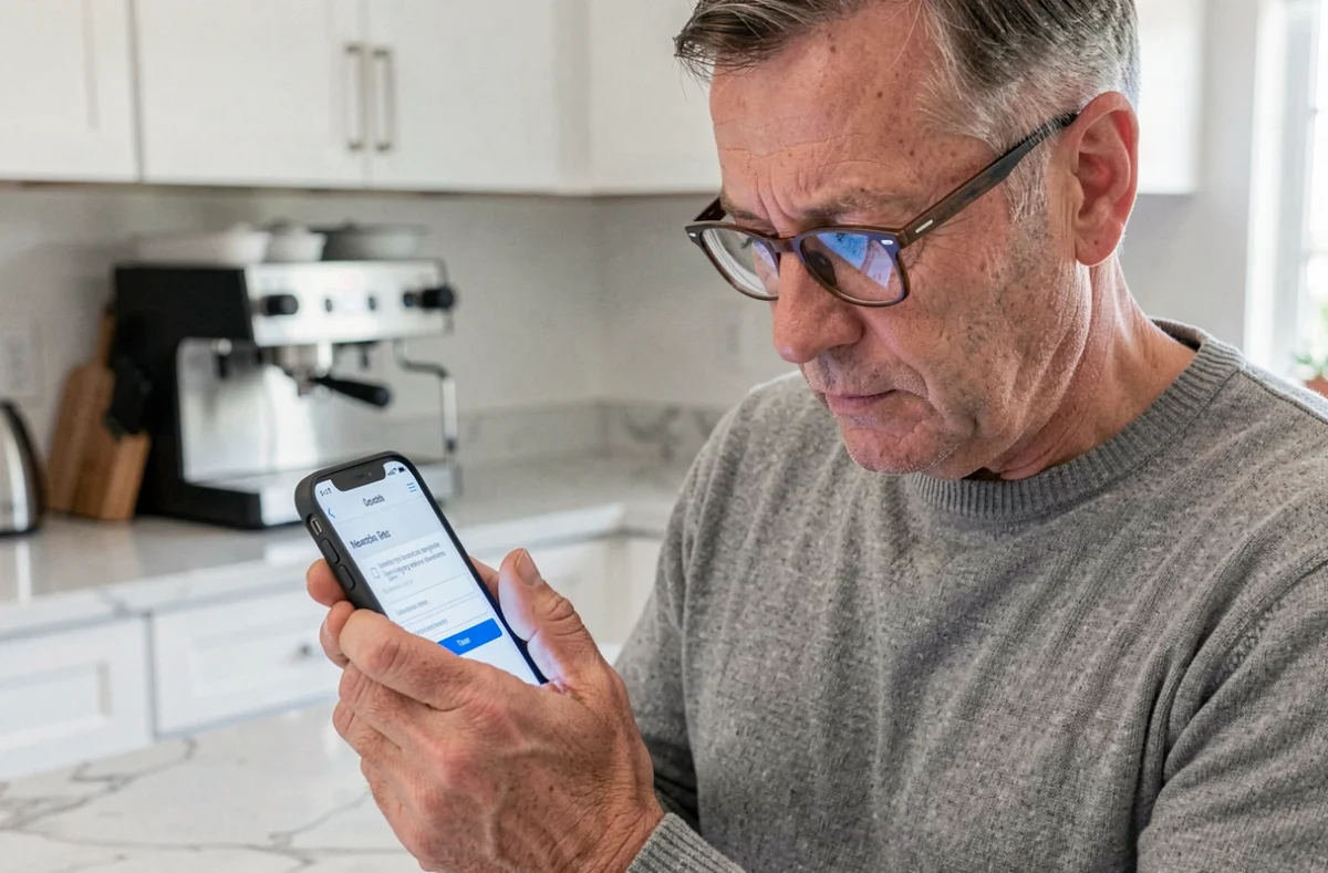 Homme vérifiant son statut de mutuelle santé sur une application mobile dans sa cuisine