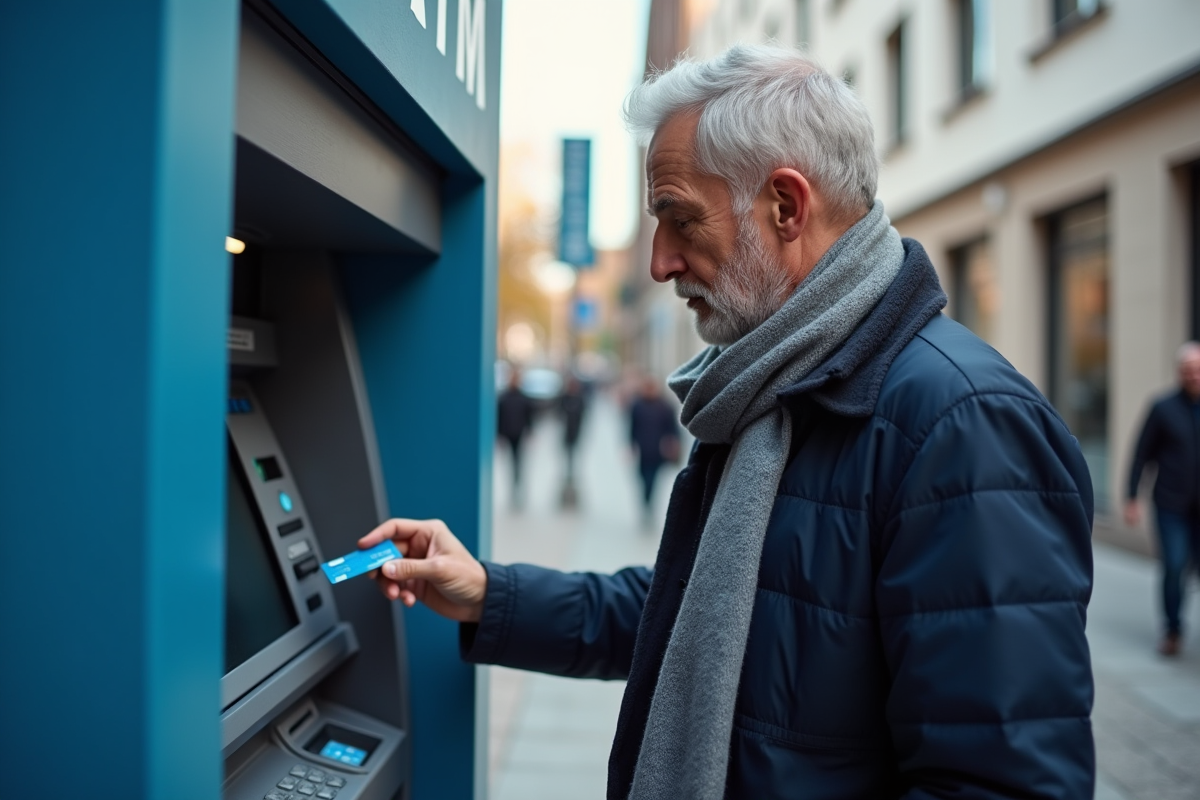 Homme utilisant un distributeur automatique en extérieur