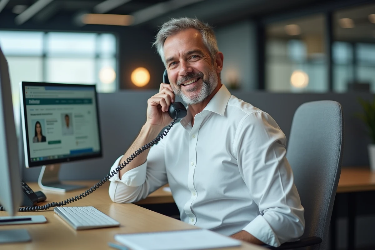 Homme au bureau contactant le support téléphonique PayPal depuis un téléphone fixe