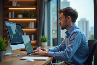 Jeune homme comparant forex et crypto sur deux laptops