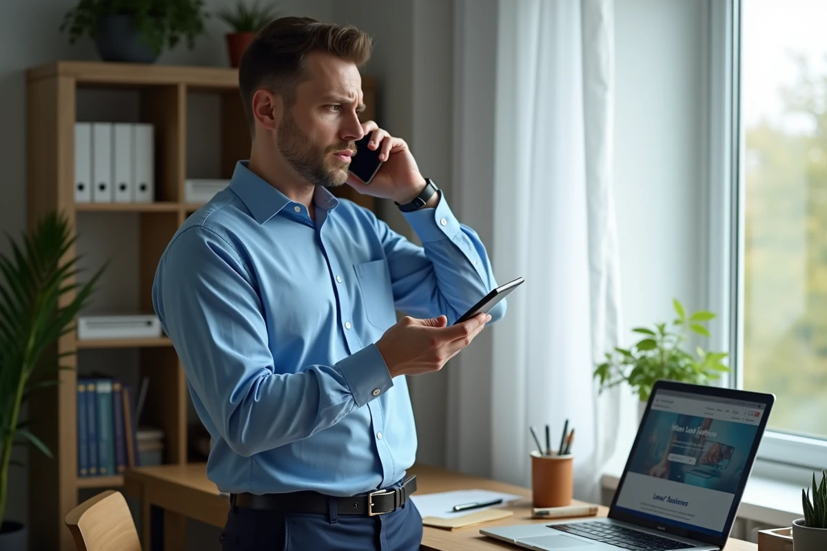 Homme en chemise bleue tenant son téléphone avec frustration dans un bureau à domicile, cherchant des recours juridiques contre Intrum