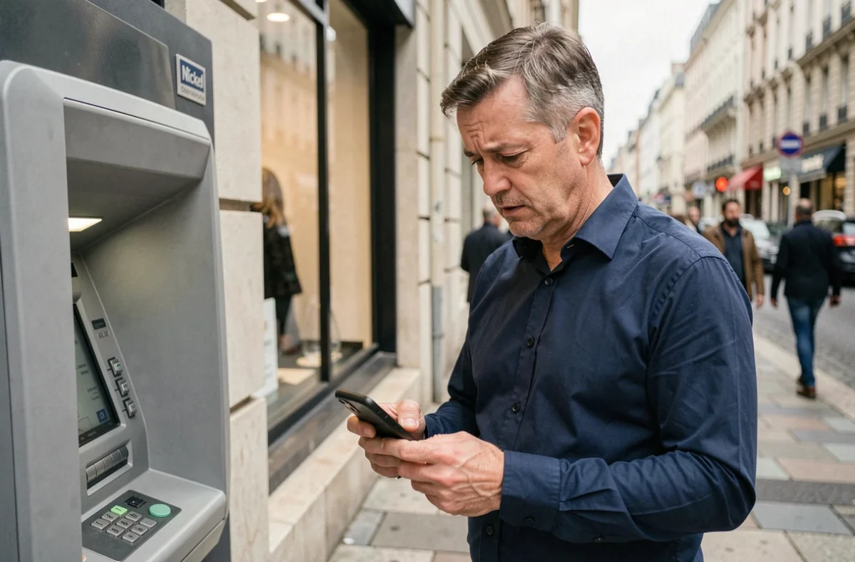 Homme tenant sa carte Nickel et son smartphone devant un distributeur automatique avec une expression préoccupée en ville