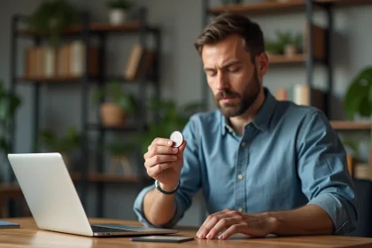 Homme regardant un coin de 50 francs en argent
