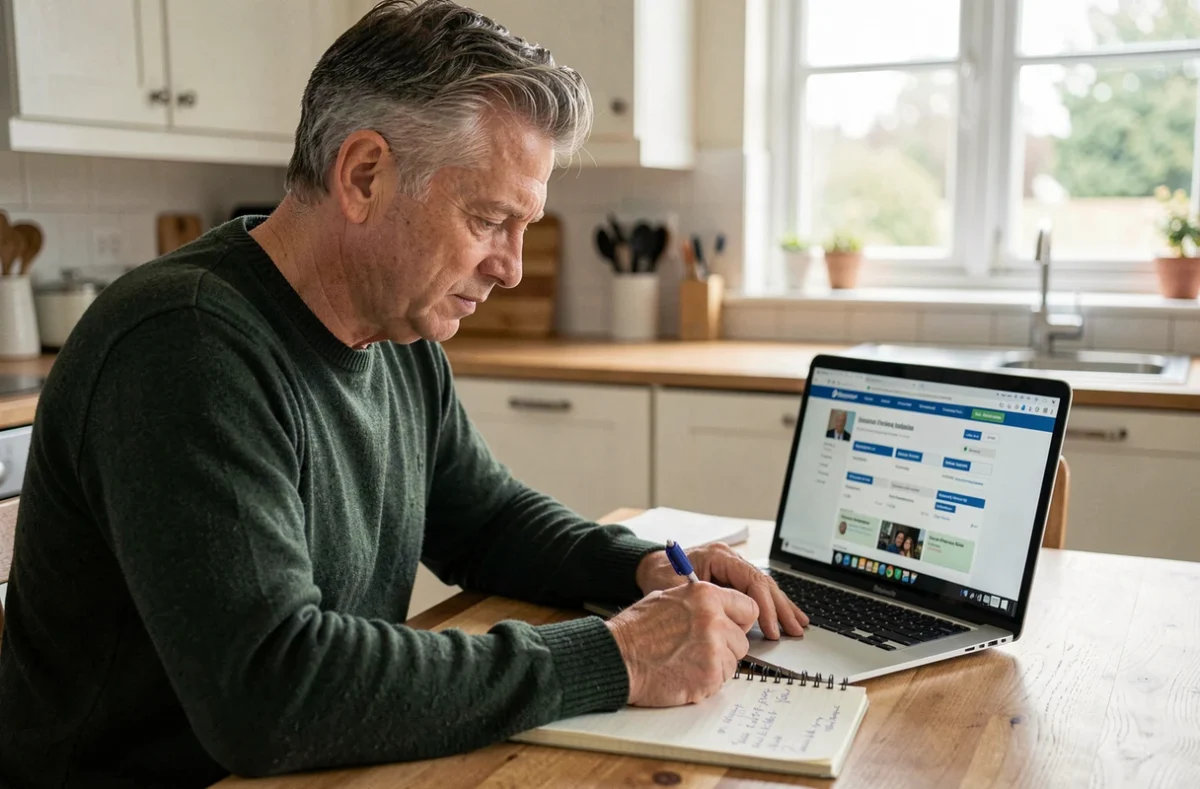 Homme comparant des offres d'assurance emprunteur en ligne depuis son domicile