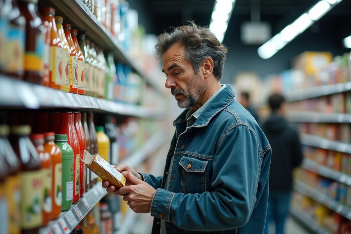 Homme comparant les prix de produits alimentaires dans un supermarché français, symbolisant la pression économique des ménages face à la hausse des prix
