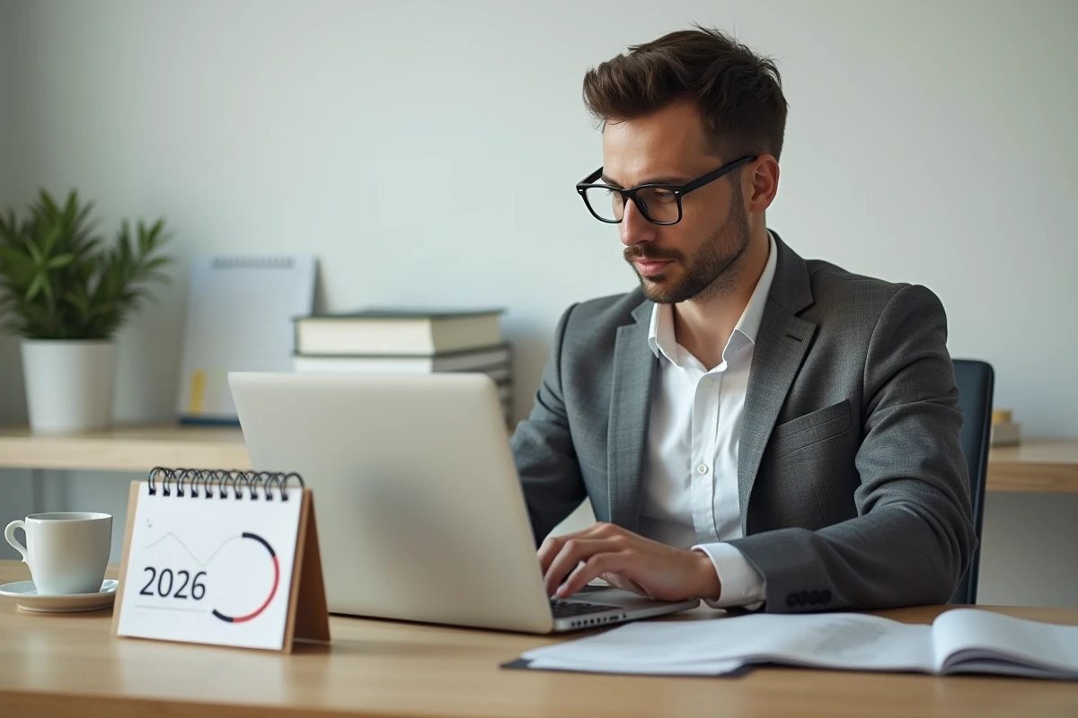 Homme comptable travaillant sur son bilan comptable avec calendrier de date limite 2026 sur un bureau minimaliste