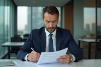 Homme en costume regardant un relevé bancaire