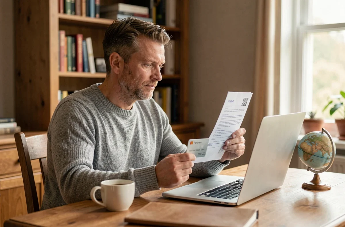 Homme consultant les garanties de l'assurance voyage Fortuneo sur son ordinateur depuis son domicile