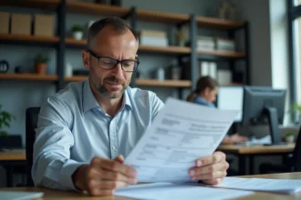 Homme d'âge moyen examinant une fiche de paie au bureau