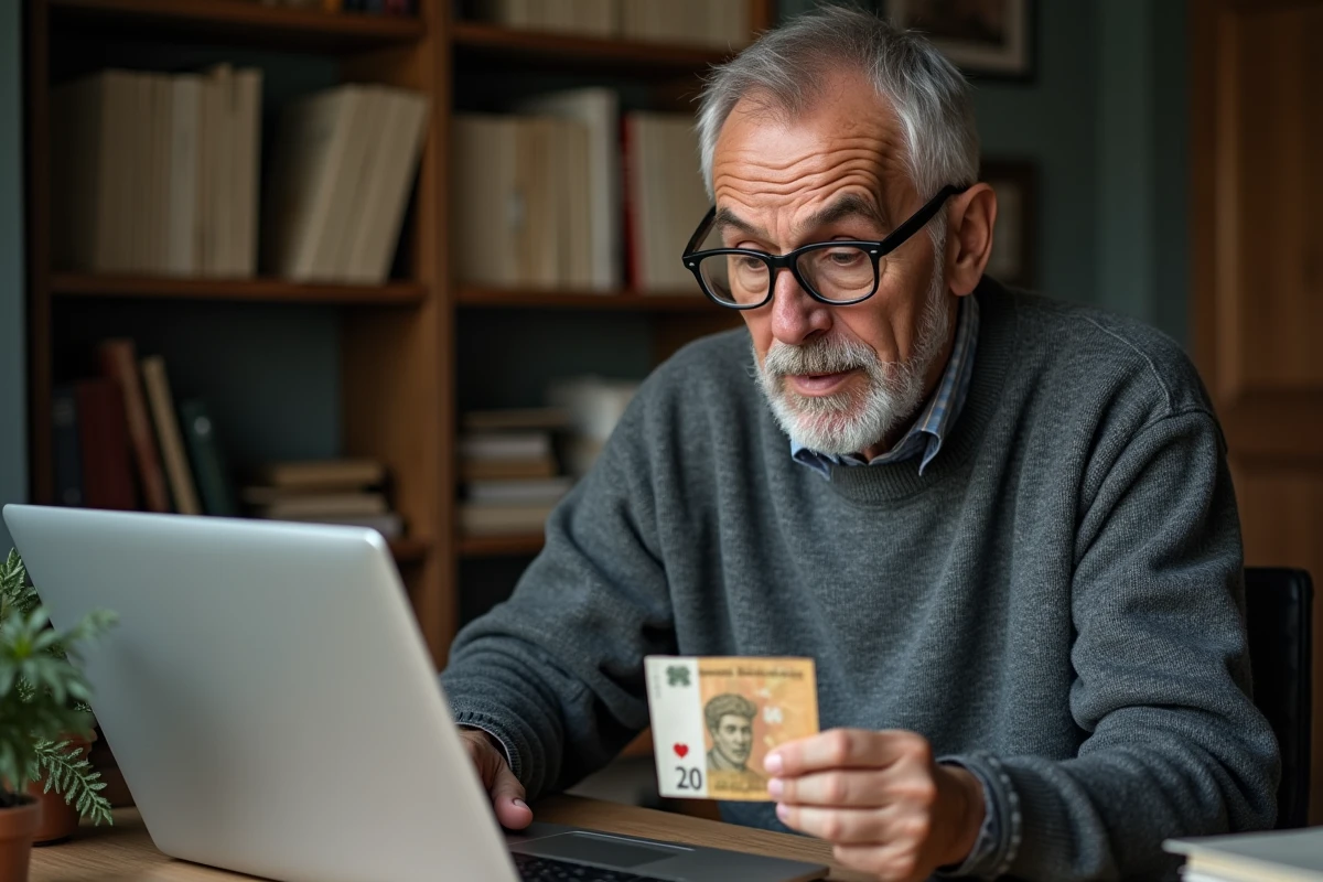 Homme aux lunettes de lecture consultant un convertisseur francs euros sur un ordinateur portable en tenant un ancien billet de franc français