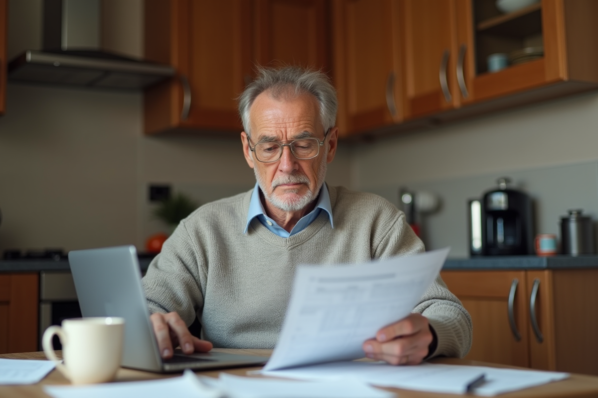 Homme âgé utilisant un ordinateur dans sa cuisine chaleureuse