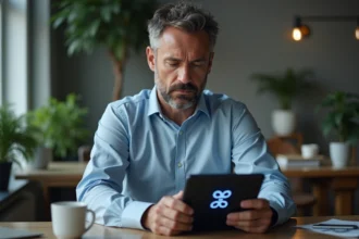 Homme d'affaires regardant une tablette avec symbole XRP