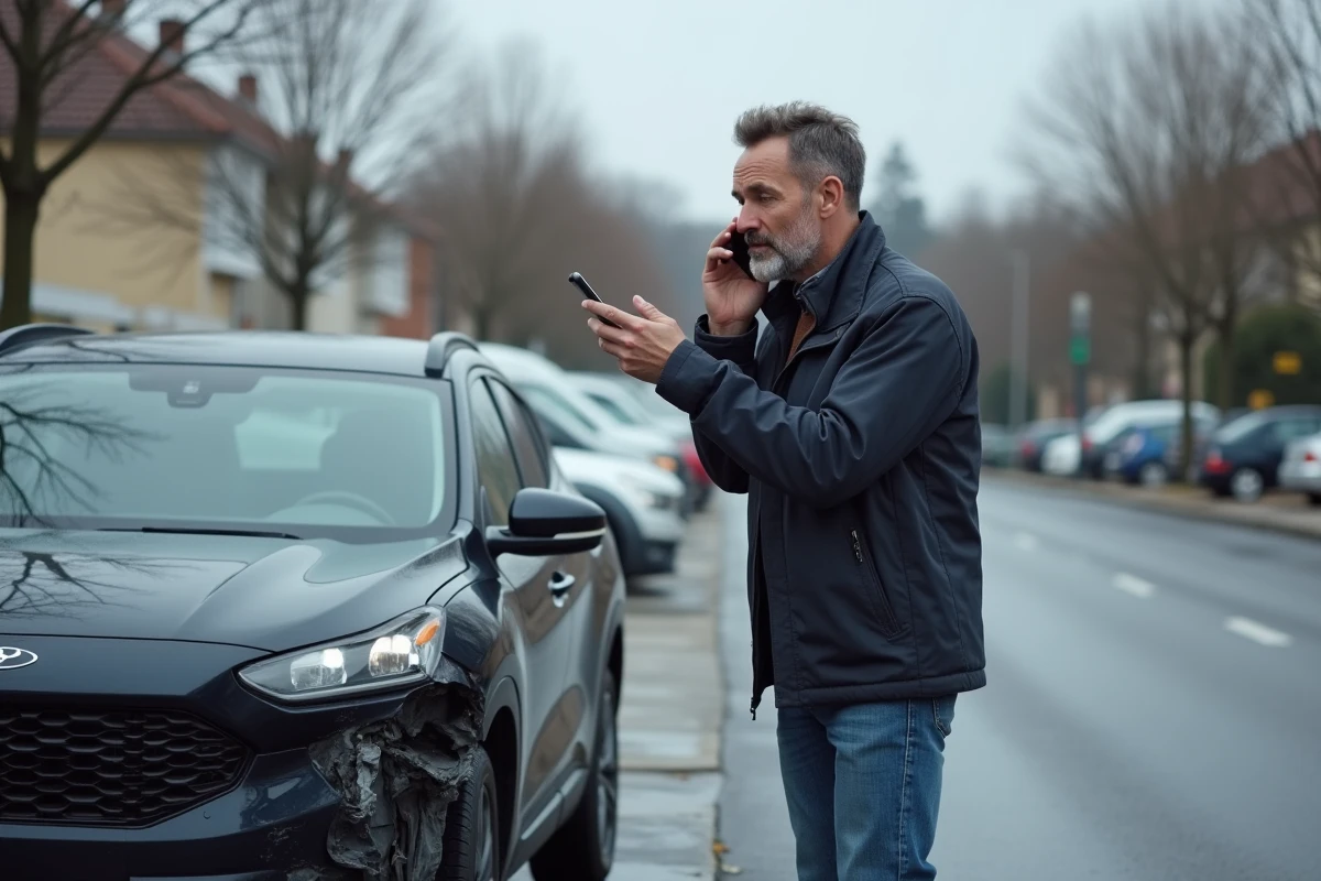 Homme contactant ACM IARD SA par téléphone après un accident de voiture dans un parking