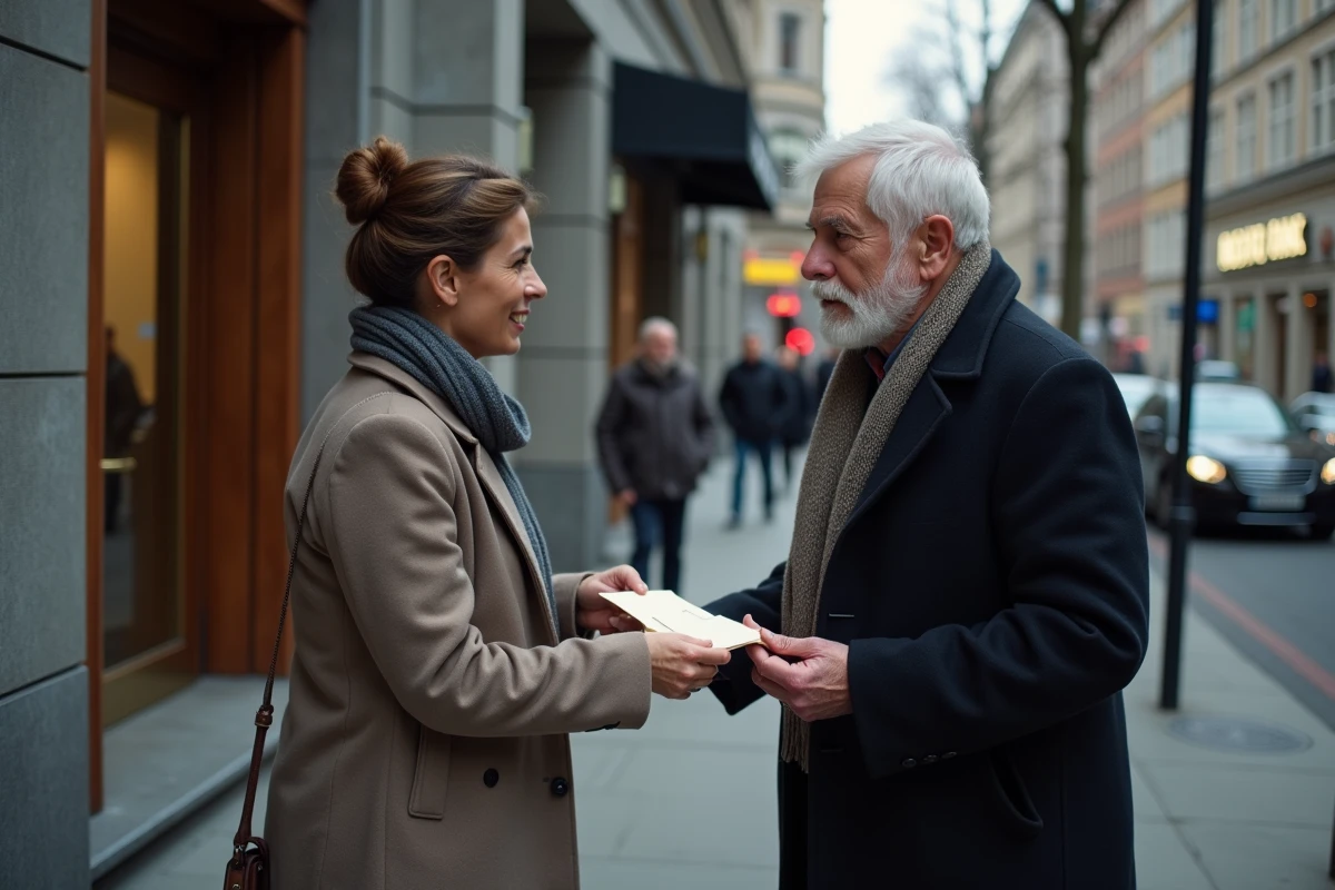 Homme passant une enveloppe à sa fille dans la rue urbaine