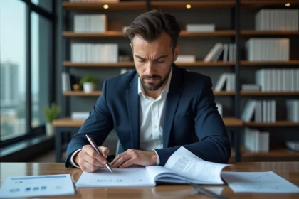 Homme d'affaires concentré devant ses rapports financiers