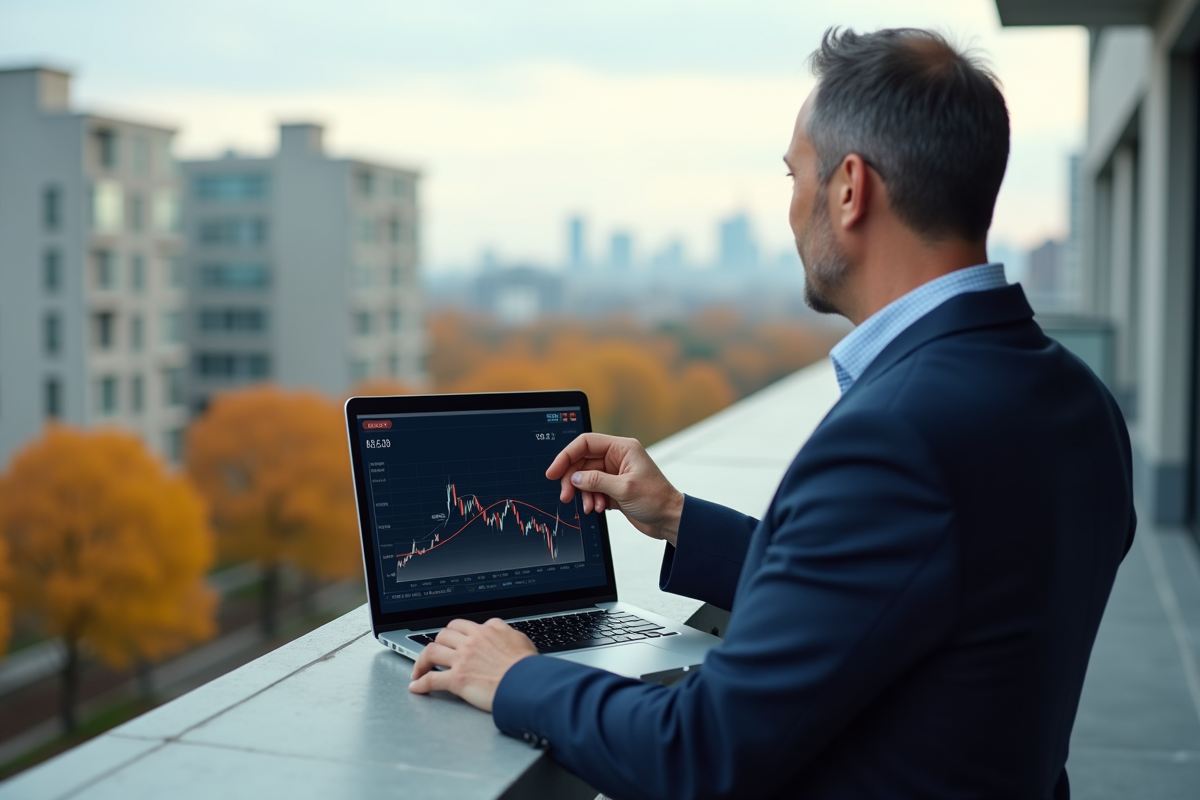 Homme d affaires regardant un graphique en déclin sur son ordinateur