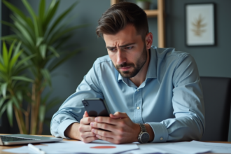 Homme inquiet dans un bureau à domicile regardant son smartphone